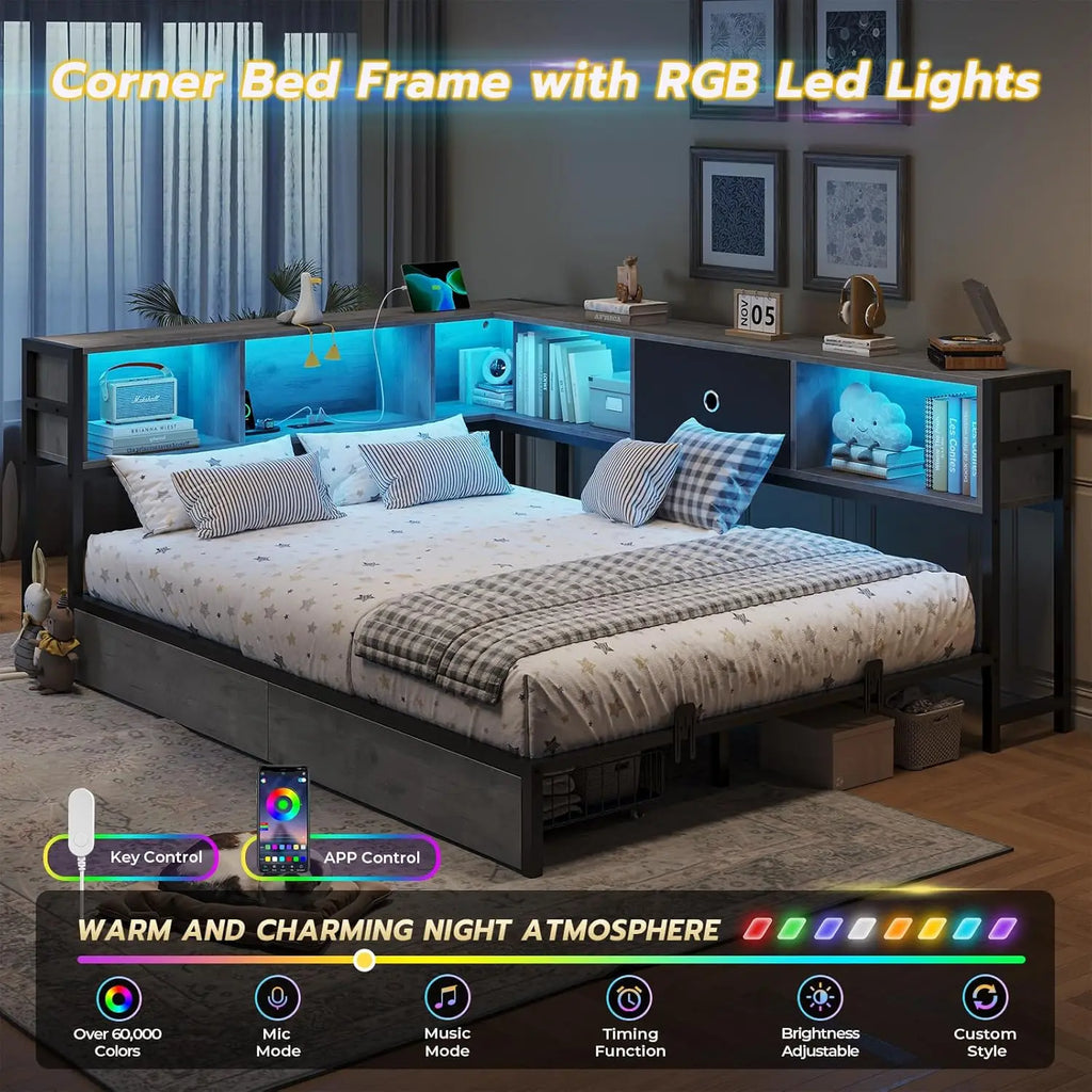 Corner Full Bed Frame LED Bookcase Storage Drawers Charging Station Metal Platform Daybed Bedroom Guest Room Oak Gray, Customize