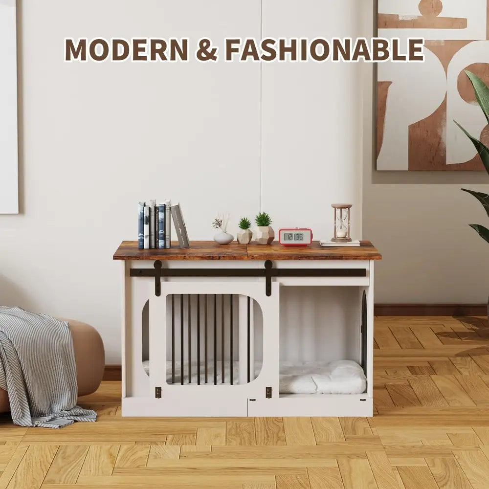 Farmhouse Style Wooden Dog Crate with Cushion, 39.4 Decorative White Indoor Pet House, Suitable for Small to Large Dogs