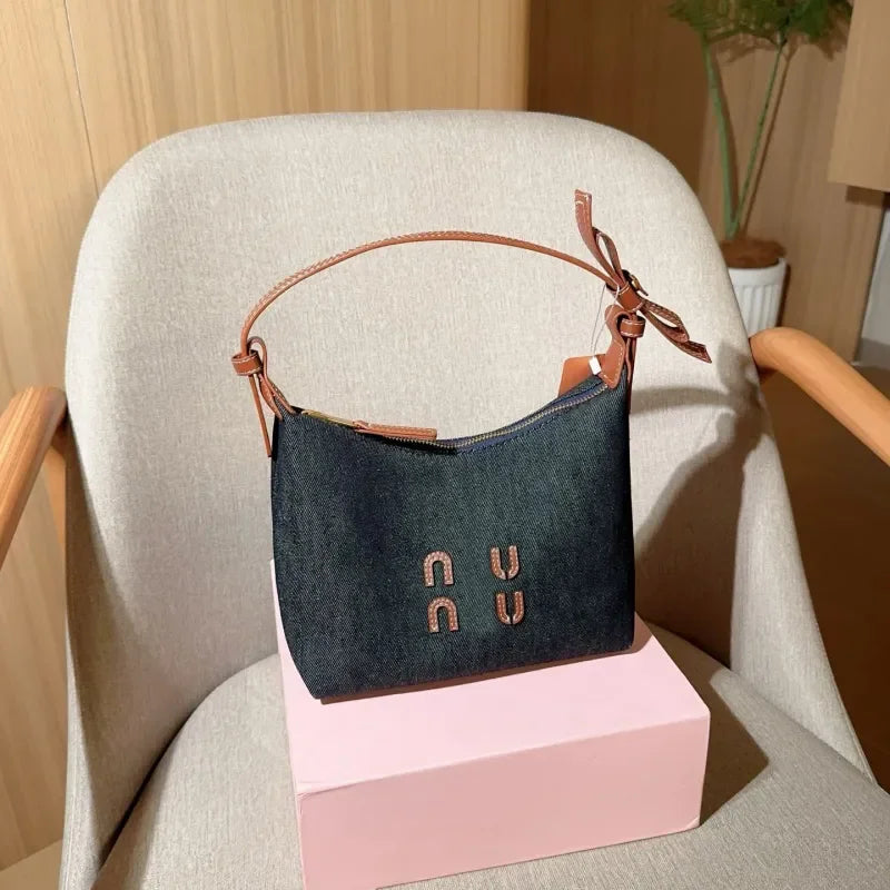 Miue Miue Bag Designer Handbag Luxury Shoulder Bags Cowboy Denim Purse Sheepskin Folds Crossbody Bag Washed Through Surfing Rope