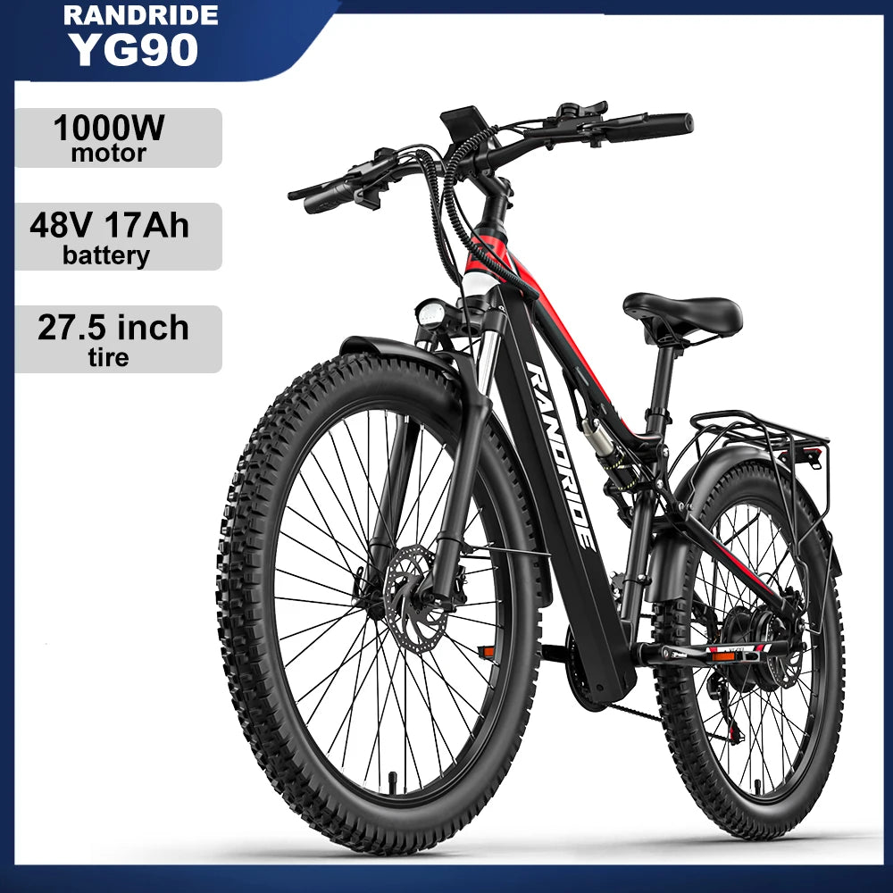 Electric Bike RANDRIDE YG90 1000W Motor 48V 17AH Battery 27.5 inch Tire Hydraulic Brake 21 Speeds Adult Mountain Bike