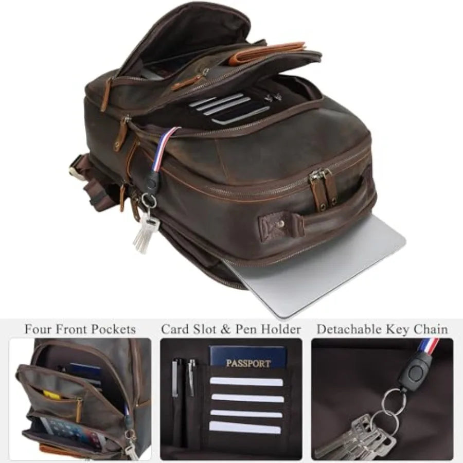 Leather Laptop Travel Backpack for Men Fits 15.6 16 Computer Large Business Work Bag Vintage Overnight Weekender Daypack Campin