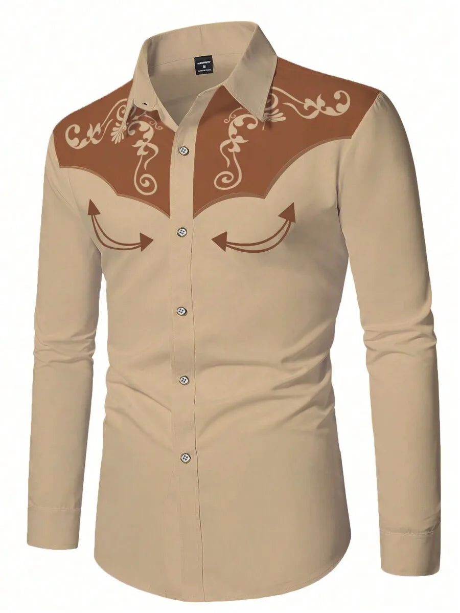 Men's Western Style Contrast Color Embroidered Yoke Shirt, Long Sleeve Casual Top