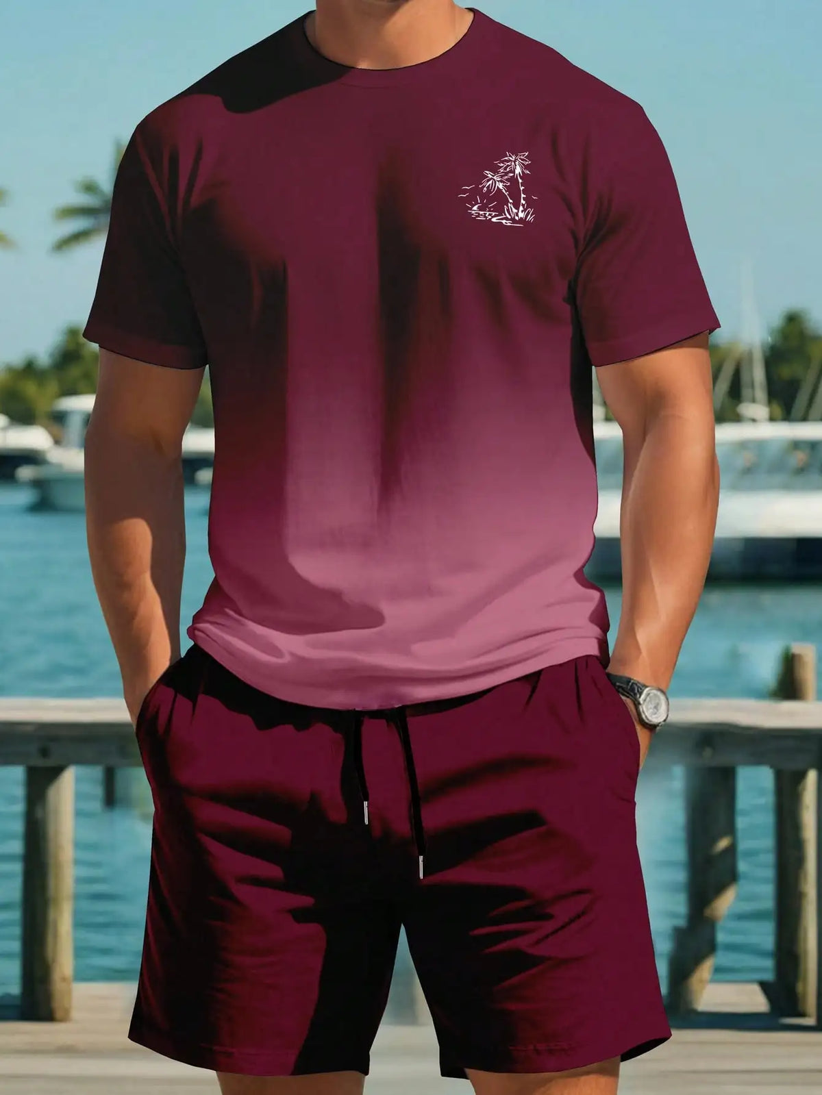 Men's Gradient Ombre T-Shirt and Shorts Set, Casual Loose Fit Beachwear