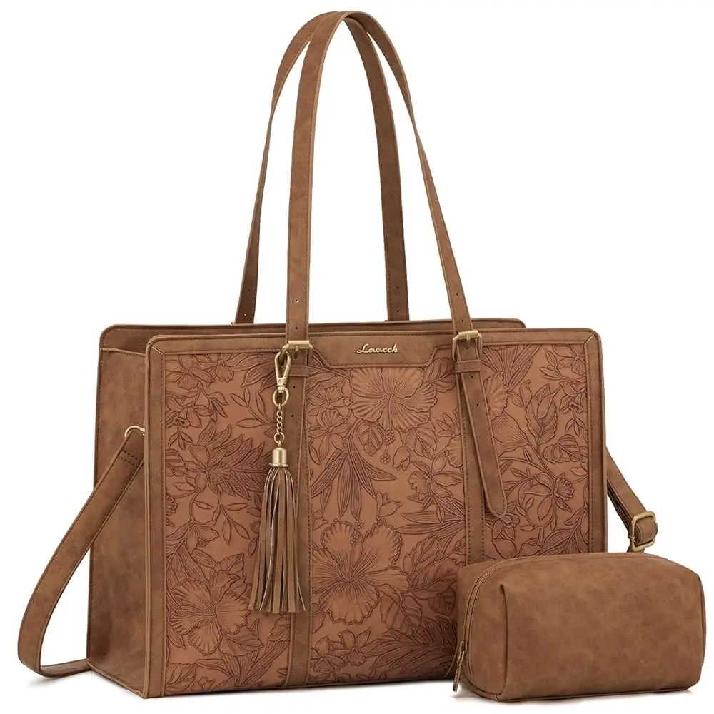 Laptop Bag for Women Vintage Leather Work Tote 15.6 inch Large Capacity Computer Bag with Clutch Purse for Teacher,Office,Ca