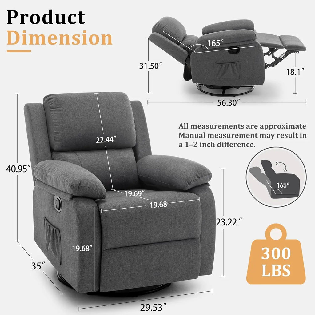 360 Swivel Rocker Recliner Chair Upholstered Fabric Glider Nursery Small Space Grey, Customized