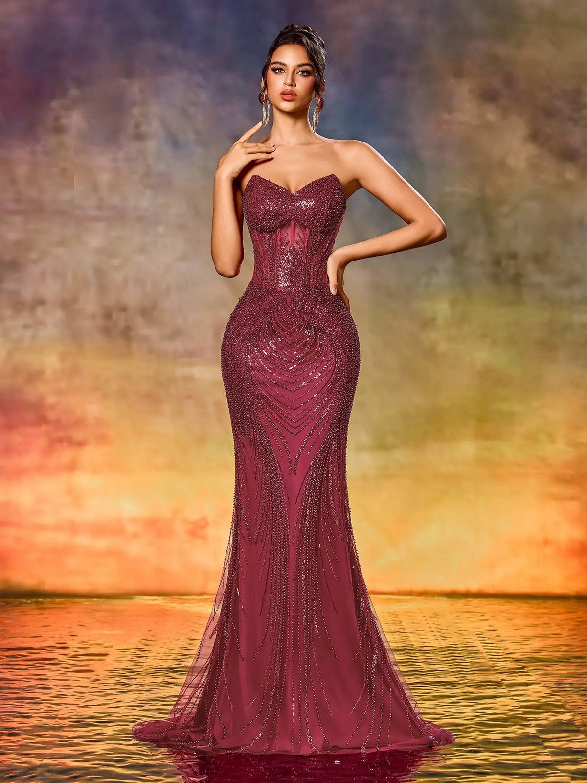 Elegant Strapless Beaded Mermaid Evening Gown For Formal Party Wedding Guest