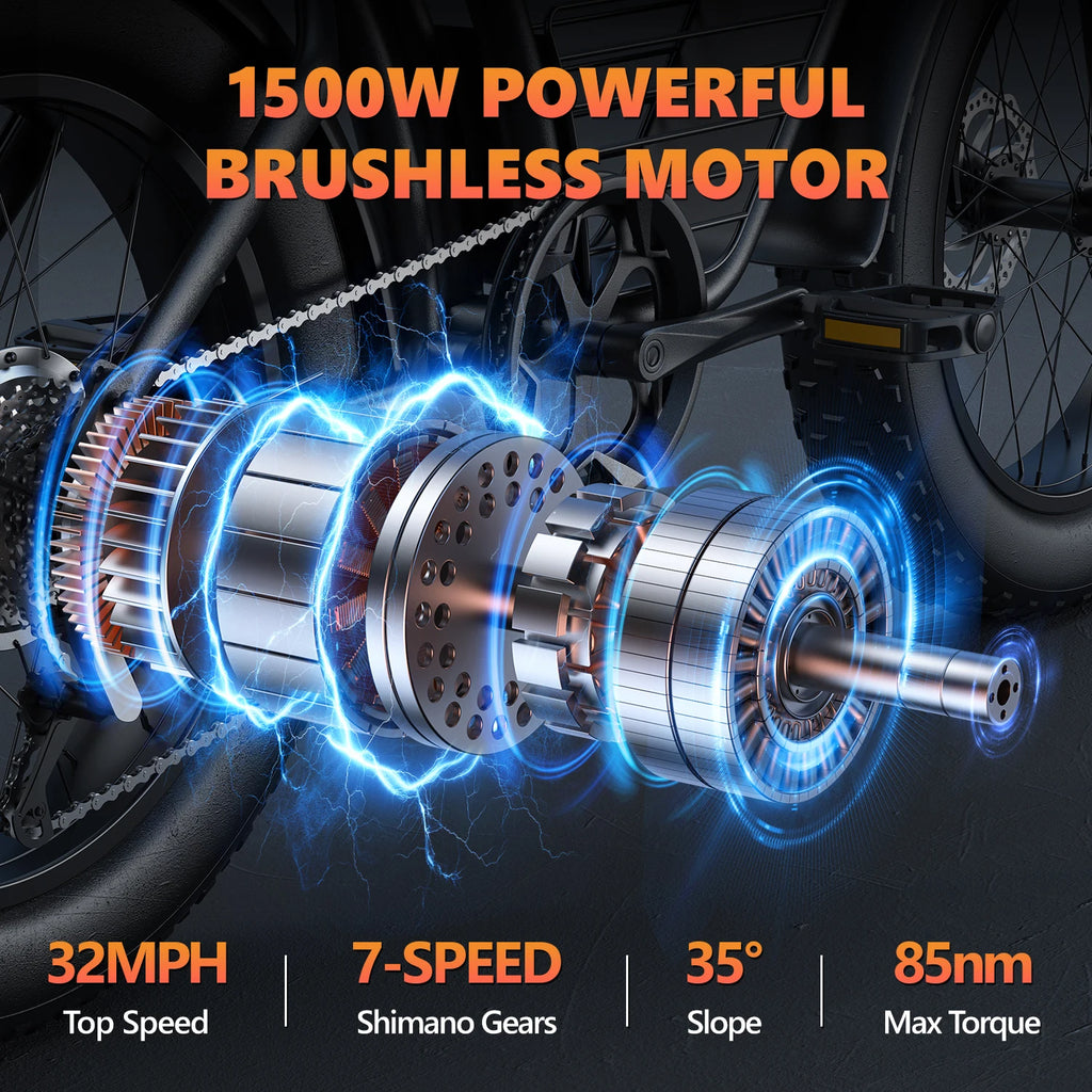 Kickwey K7 Adult Off-Road Ebike 1500W 7-Speed Electric Mountain Bicycle 48V 23Ah 20"X4" Fat Tire Electric Dirt Bike