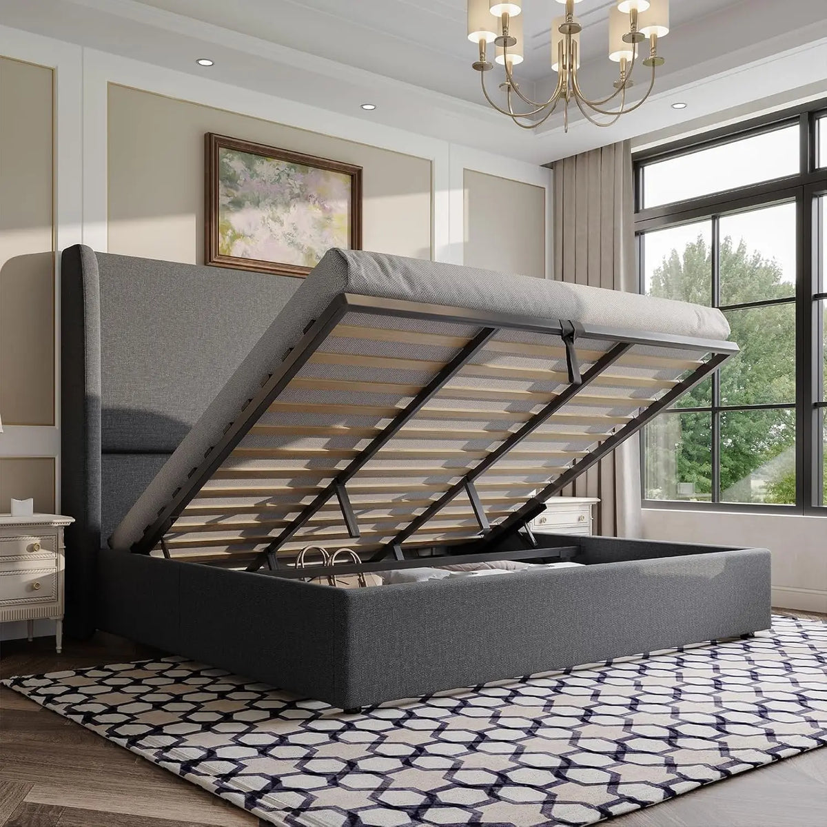 Lift Up Storage Bed King Upholstered Platform Frame Hydraulic Wingback Headboard No Box Spring Khaki, Customized