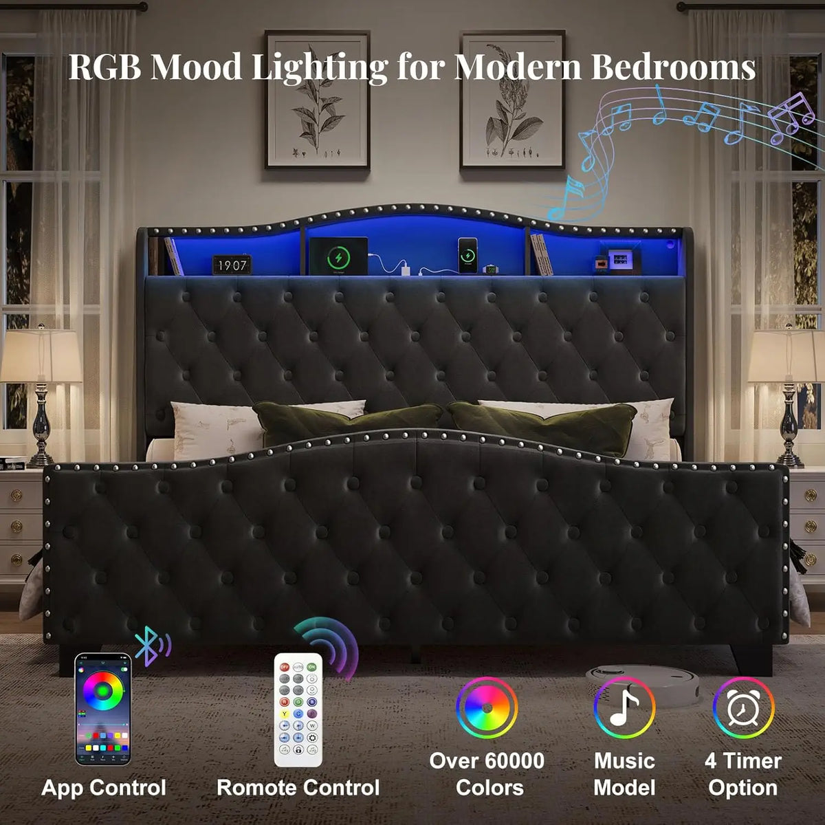 King Size Bed Frame and Headboard, 50.9" Velvet Upholstered Wingback Bedframe with LED Lights & Storage/Charging, Customized