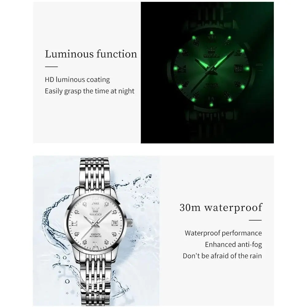 OLEVS Automatic Women Watches Diamond Tourbillon DrWrist Watches Moon Phase Waterproo Luminous