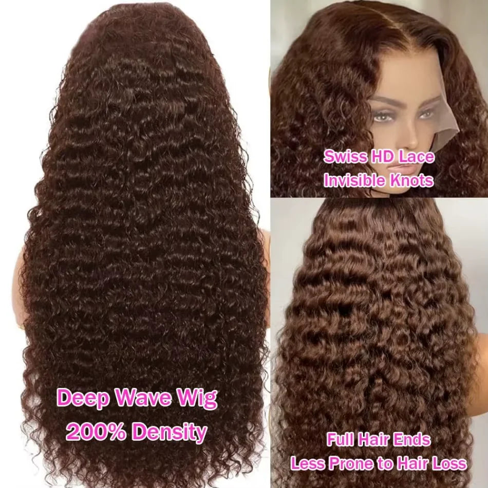 250%Density 28 Inch Chocolate Brown Curly Wigs 13x6 HD Lace Front Wigs Human Hair  Brown Deep Wave Lace Frontal Human Hair Wigs