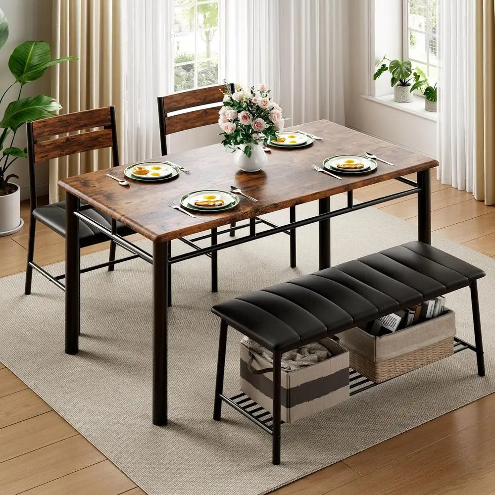 Dining Table Set or 4, Kitchen Table with Upholstered Bench and 2 Chairs, Kitchen Table and Chairs Set or Small Space, Aparent,