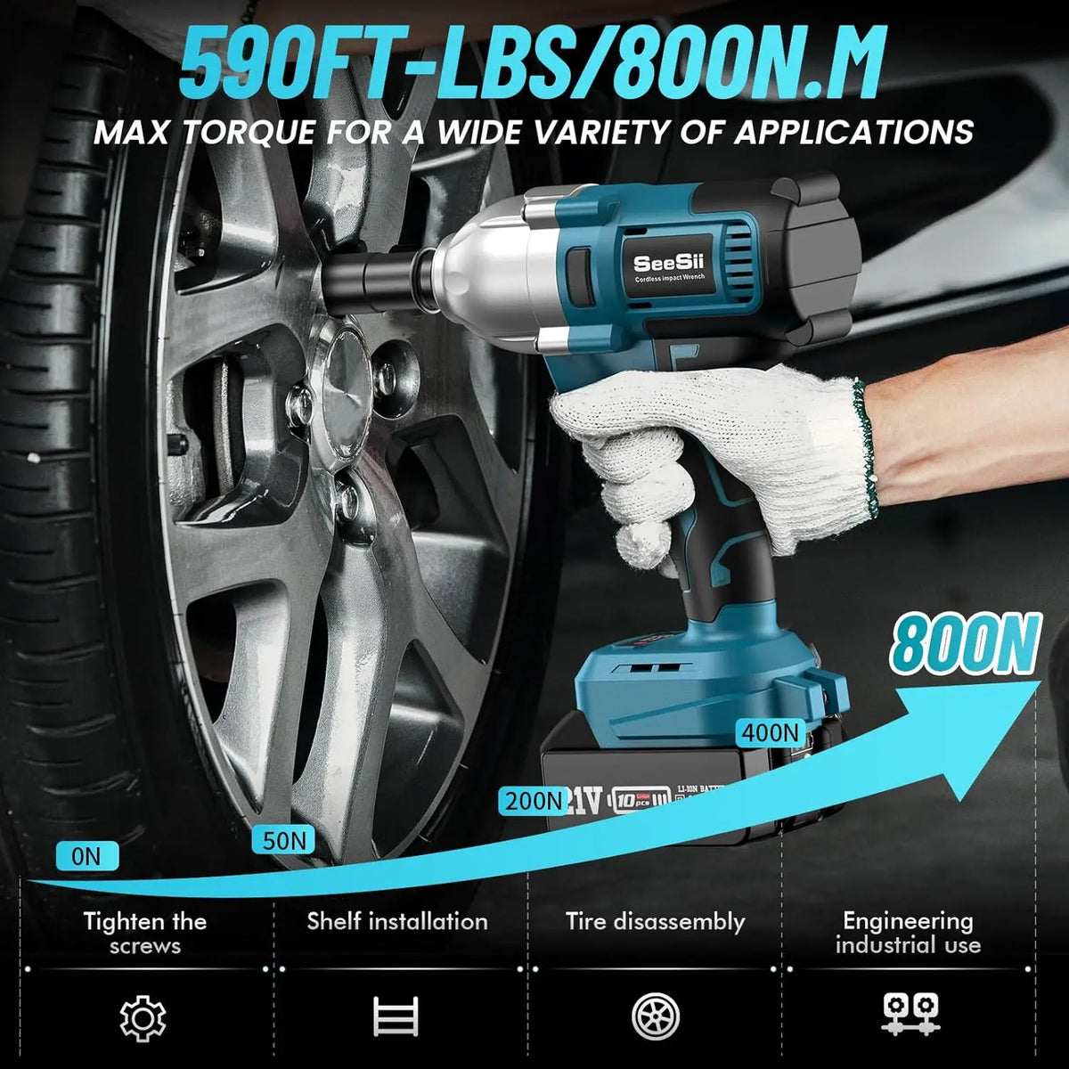 Seesii WH710 Brushless Electric Impact Wrench Cordless 1/2" for Car Home 800N.m 3300RPM High Torque Gun 6 Sockets Repair Tool