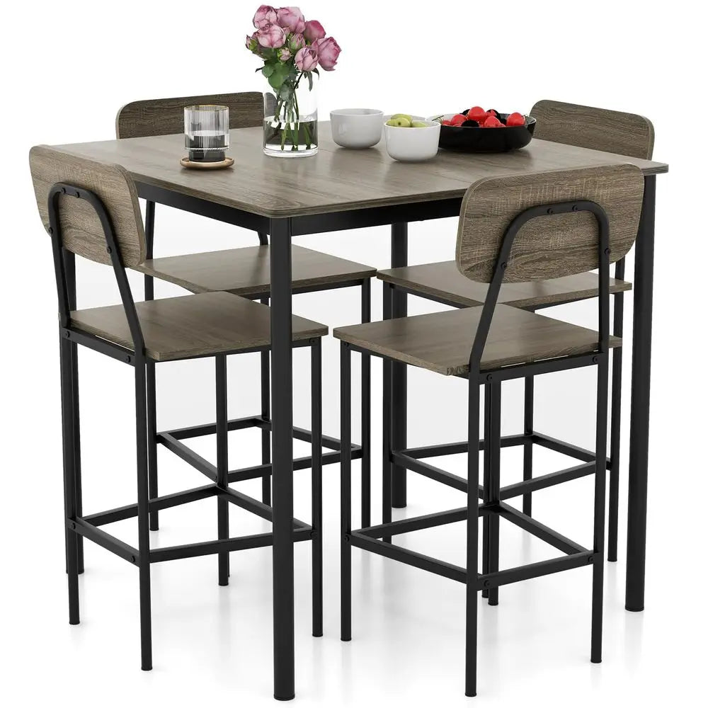 5Piece Dining Table Set W Counter Height Table amp 4 Bar Stools, Modern Kitchen Dining Set W Footrest amp Backrest, SpaceSaving