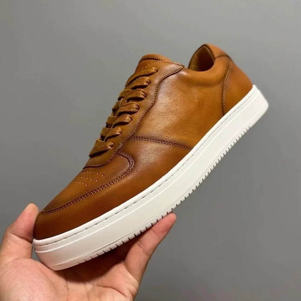 Men's Trendy Sneakers: Comfortable White Genuine Cowhide High-Top & Low-Top Casual Shoes