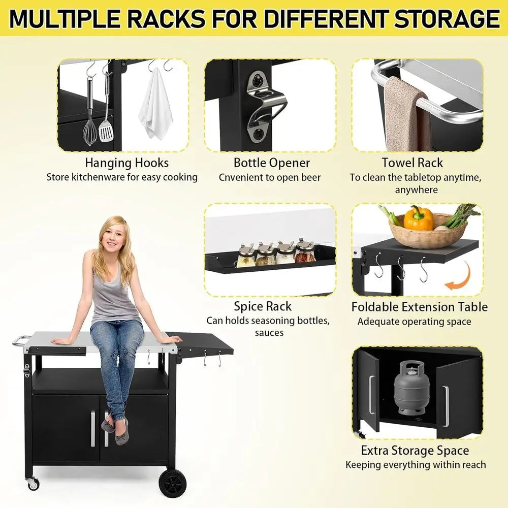 Portable Outdoor BBQ Cart with Storage, Rolling Kitchen Island, Foldable Dining Table, Spice Rack, Hooks, Bottle Opener, and Gri