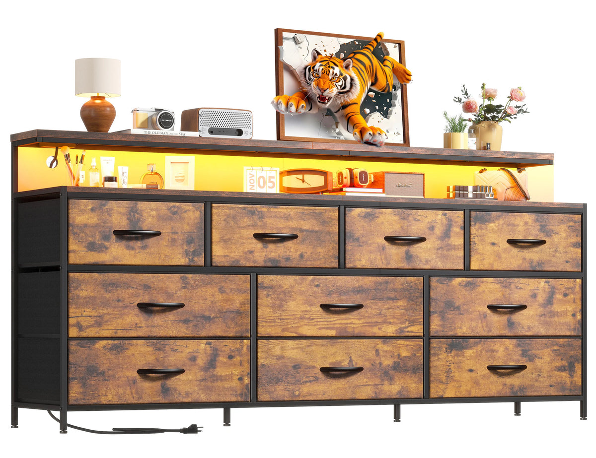 55" Wide Smart Dresser with LED Lights & Power Outlets – 10 Fabric-Drawer Storage & Metal Frame for Bedroom Organization