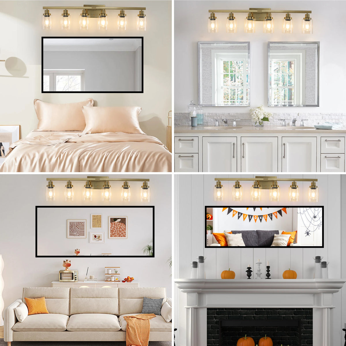 6 Lights Gold Bathroom Vanity Mirror Wall Sconce with Glass Shade Mirror Front Lights Minimalist Style for Bedroom Dressing Room