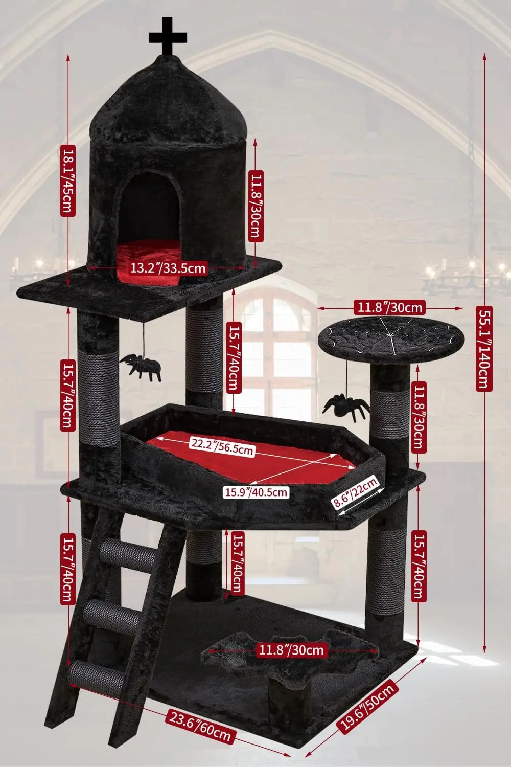 Gothic Cat Tree with Coffin Bed, 55" Tower for Large Cats, Multi-Level Play Furniture in Black Halloween Style