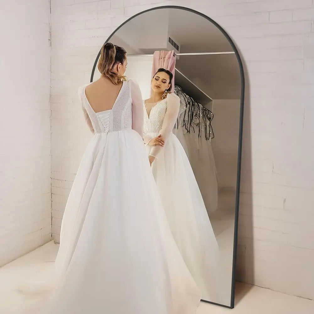 Arched Floor Mirror, 82x44, Black, Full-Length, Stand Included, Wall or Hanging Mount, Tempered Glass, Ideal for Home & Fitness