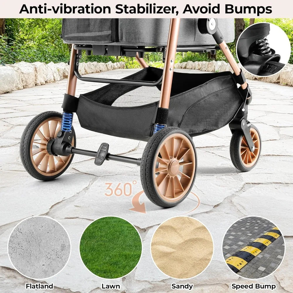 Pet Stroller for Medium Dogs Cats Up to 55 lbs, All-Terrain 3-in-1 with Detachable Carrier, Rubber Wheels, One-Click Folding