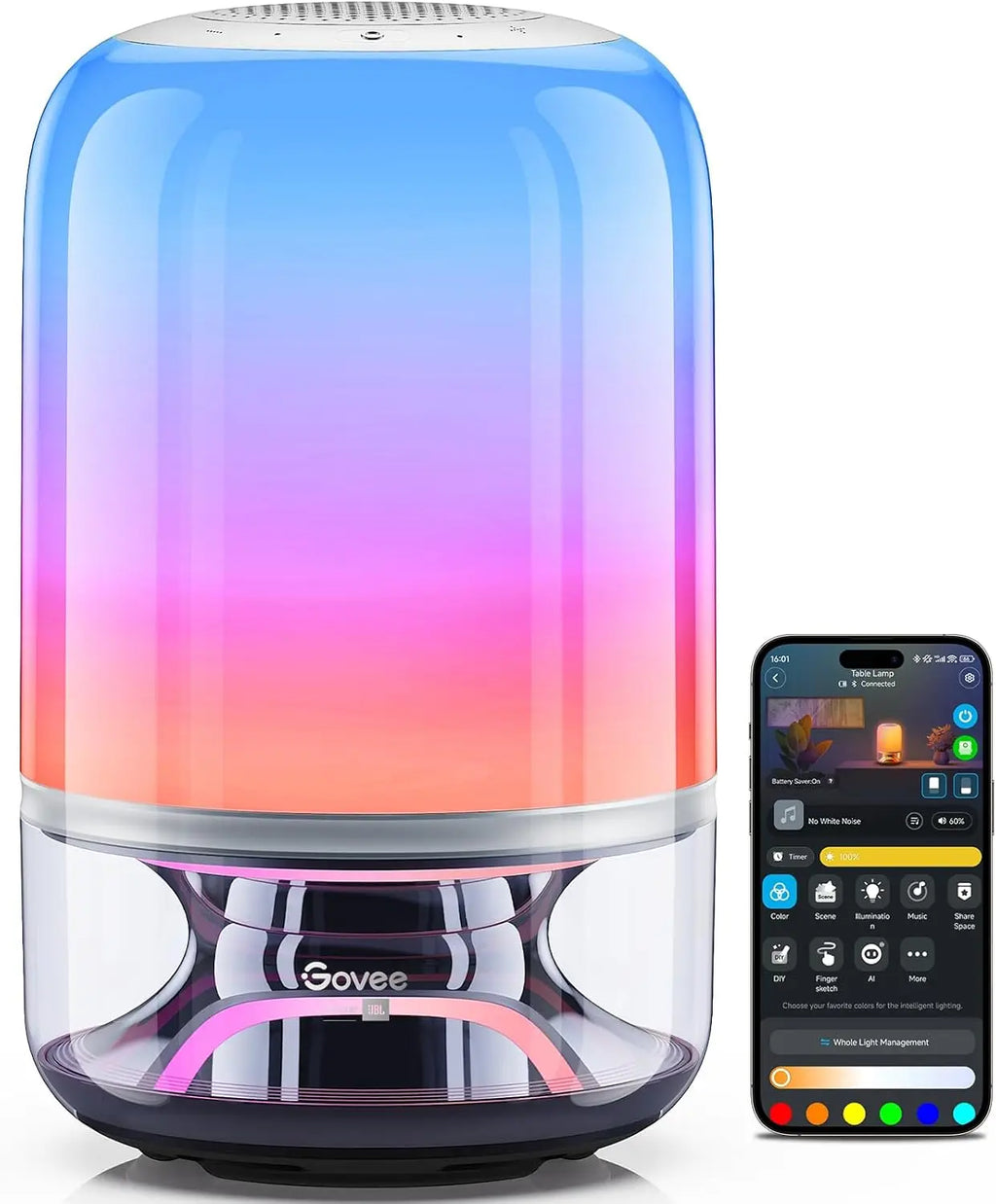 Smart Cordless Table Lamp with Speaker, Music-Light Sync, 16 Modes & 100+ Scenes, Works with Matter, Rechargeable for Bedroom