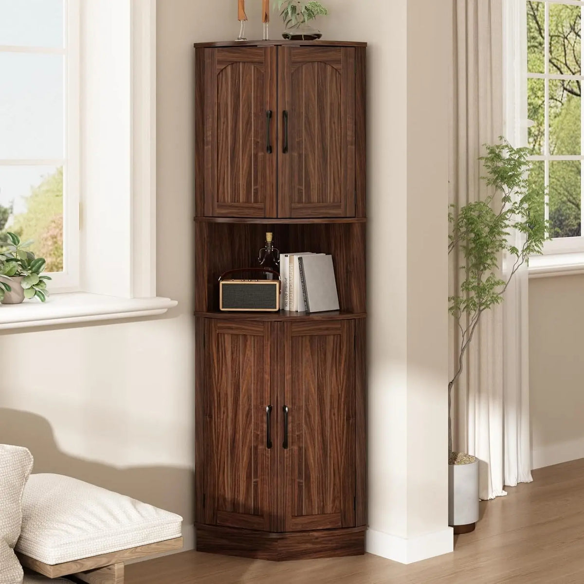 Tall Corner Cabinet, 64.7" Rattan Corner Storage Cabinet with 4 Doors and 5 Storage Shelves, Farmhouse Space Saver, Boho Shelf