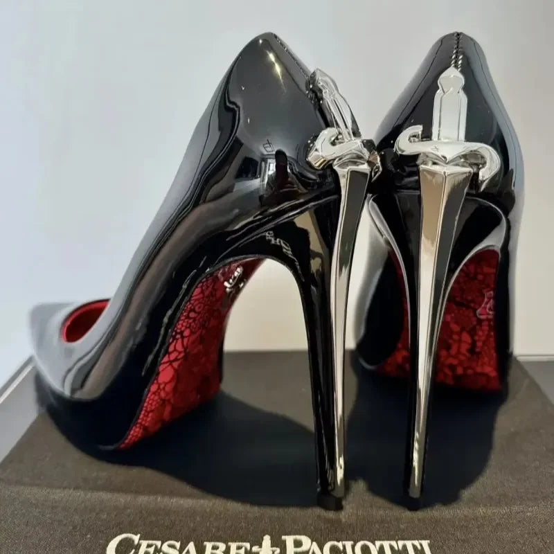 Sexy Design Cesare Paciotti Dagger Heels Silver Golden Metal Stiletto Heel Pointed Toe Women Pumps High Heels Brand Pointed Toe