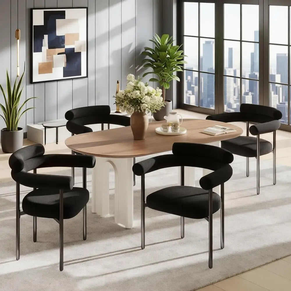 Set of 4 Modern Black Boucle Dining Chairs with Arms, Barrel Design, Metal Legs, and Curved Backrests for Kitchen and Dining Roo