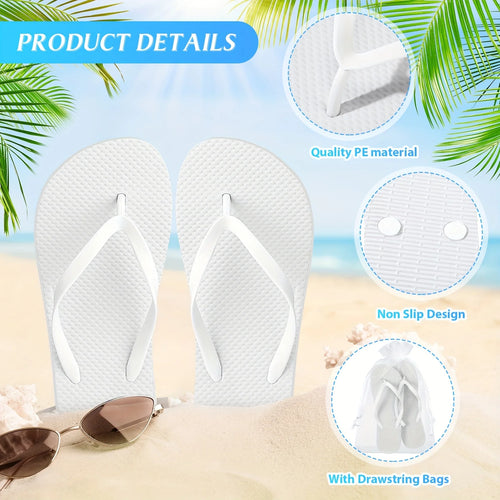24 Pairs Bulk Wedding Guest Flip Flops with Matching Bags & Cards - Bulk PE Slippers for Pool Beach Party, White & Black Wedding