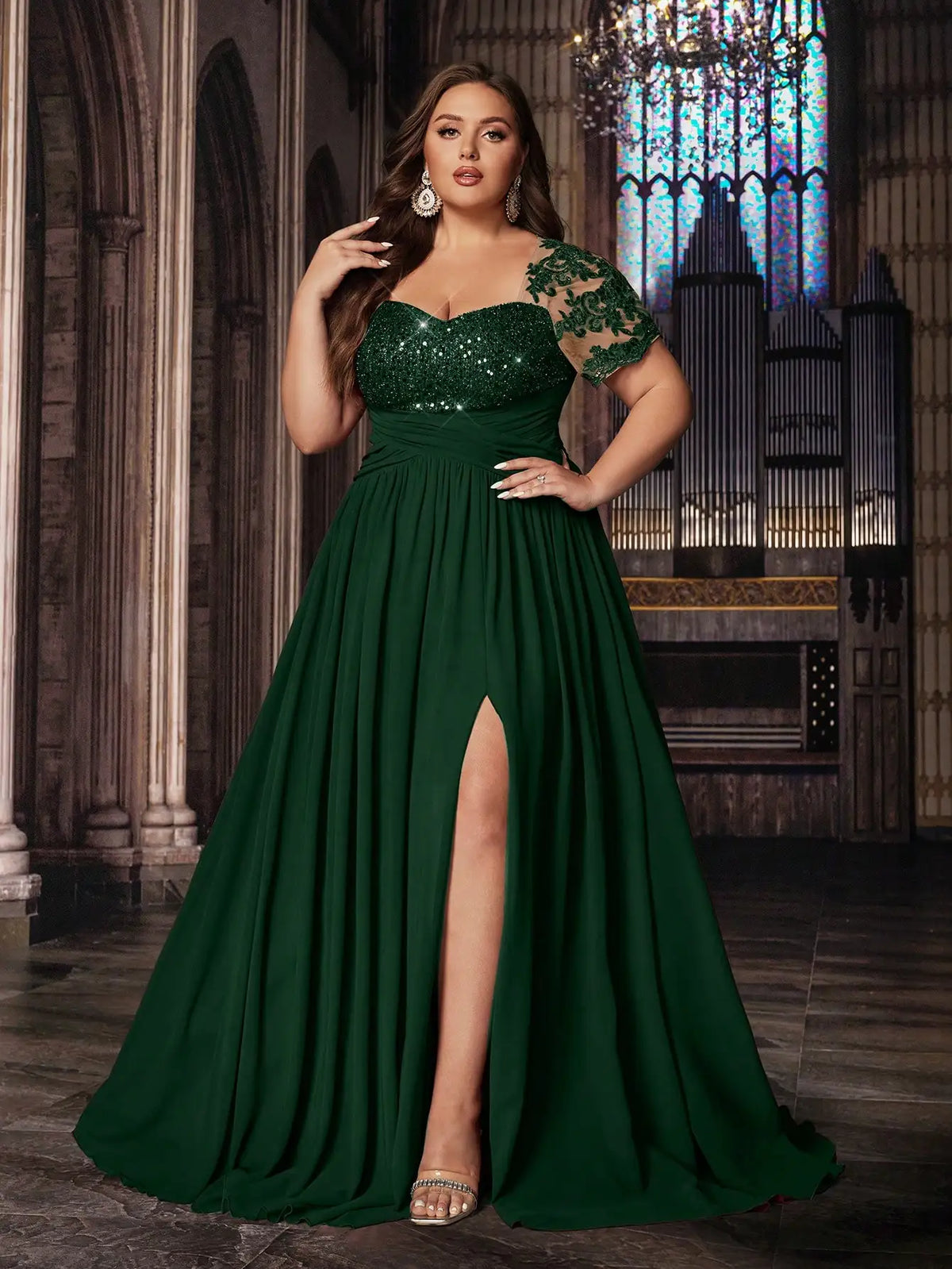 Plus Size Women Solid Green Sequined Applique Short Sleeve Floor Length Gown Dress