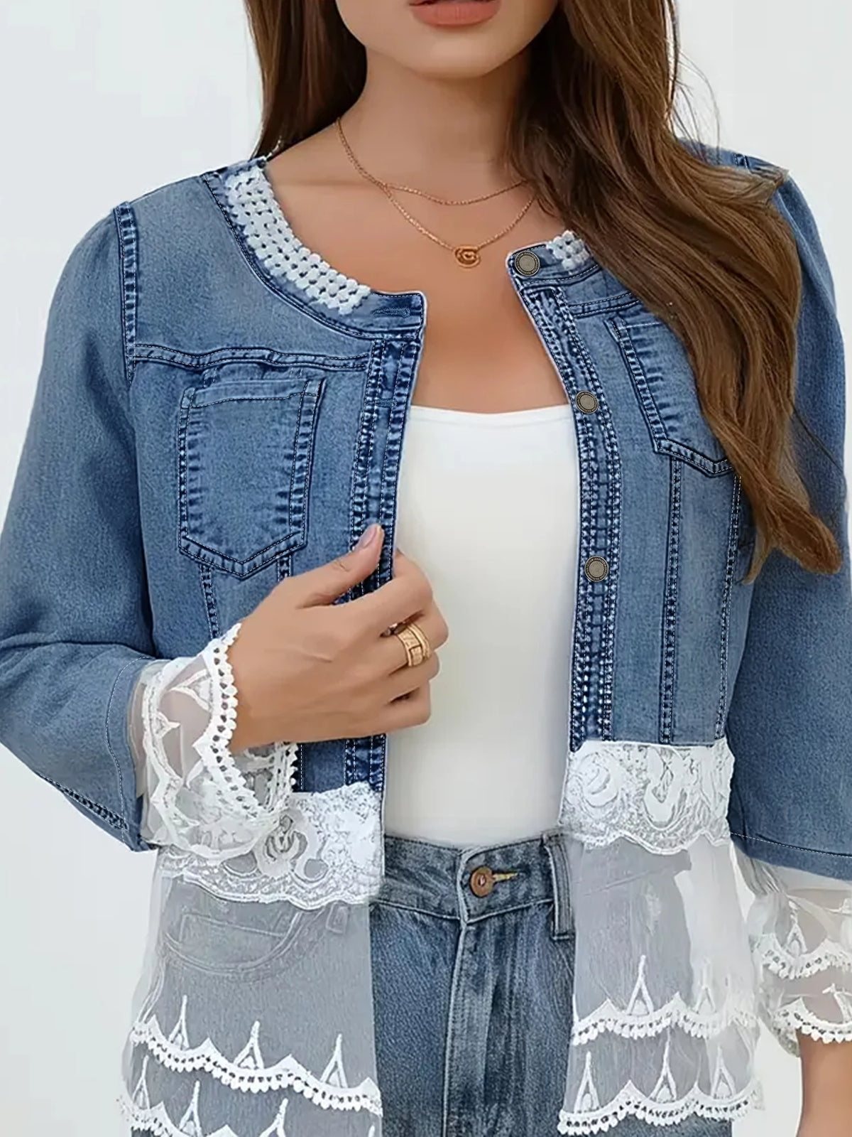 Plus Size Women's Short Denim Jacket Pearl Lace Design Elegant Comfortable Oversized Ladies' Jeans Jacket