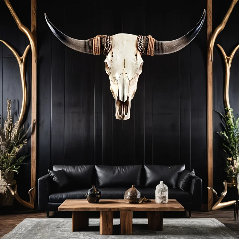 Resin Longhorn Cow Skull Head Wall Decorations Ornament 3D Animal Figurines Crafts Retro Bull Skull Crafts Bar Home Decoration