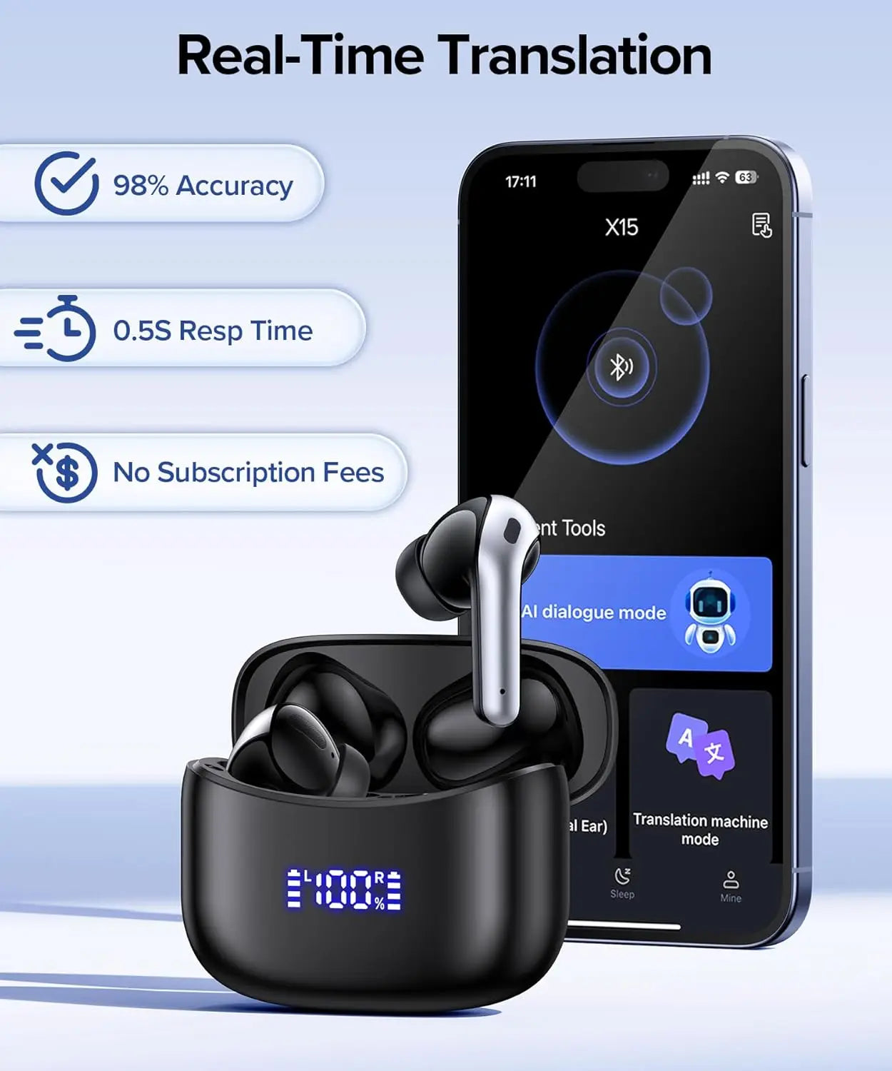 AI Translation Earbuds Real-Time 164 Languages Translator Wireless Bluetooth Headphones for Travel Meetings Learning Black