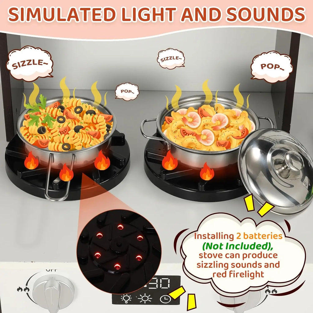 Kids Play Kitchen, Wooden Pretend Toy Kitchen, Toodler Cooking Playset, Stove w/Light & Sound, Sink, Microwave, 2 Fabric Boxs, D
