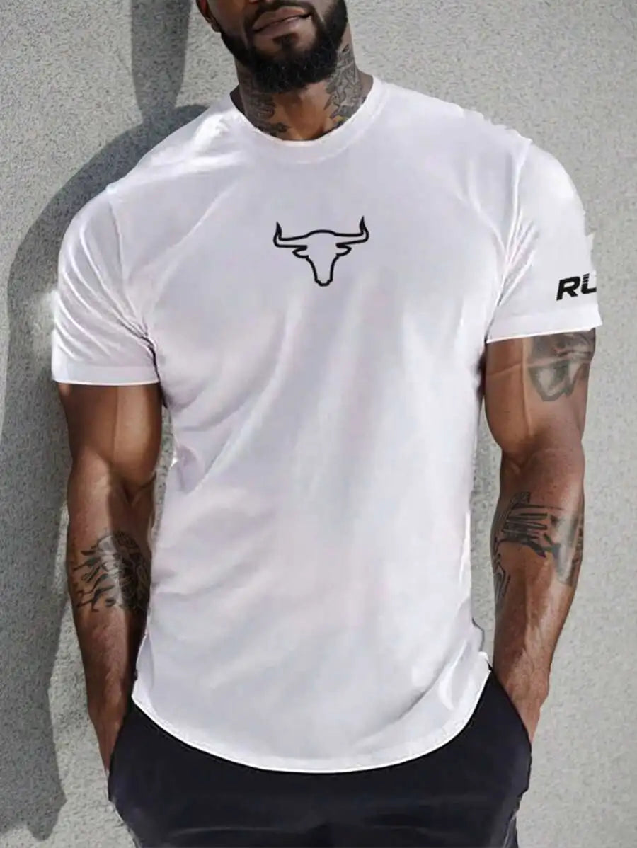 Men's White Crew Neck Short Sleeve T-Shirt with Bull Head Graphic Print, Breathable Fit for Gym & Casual Wear
