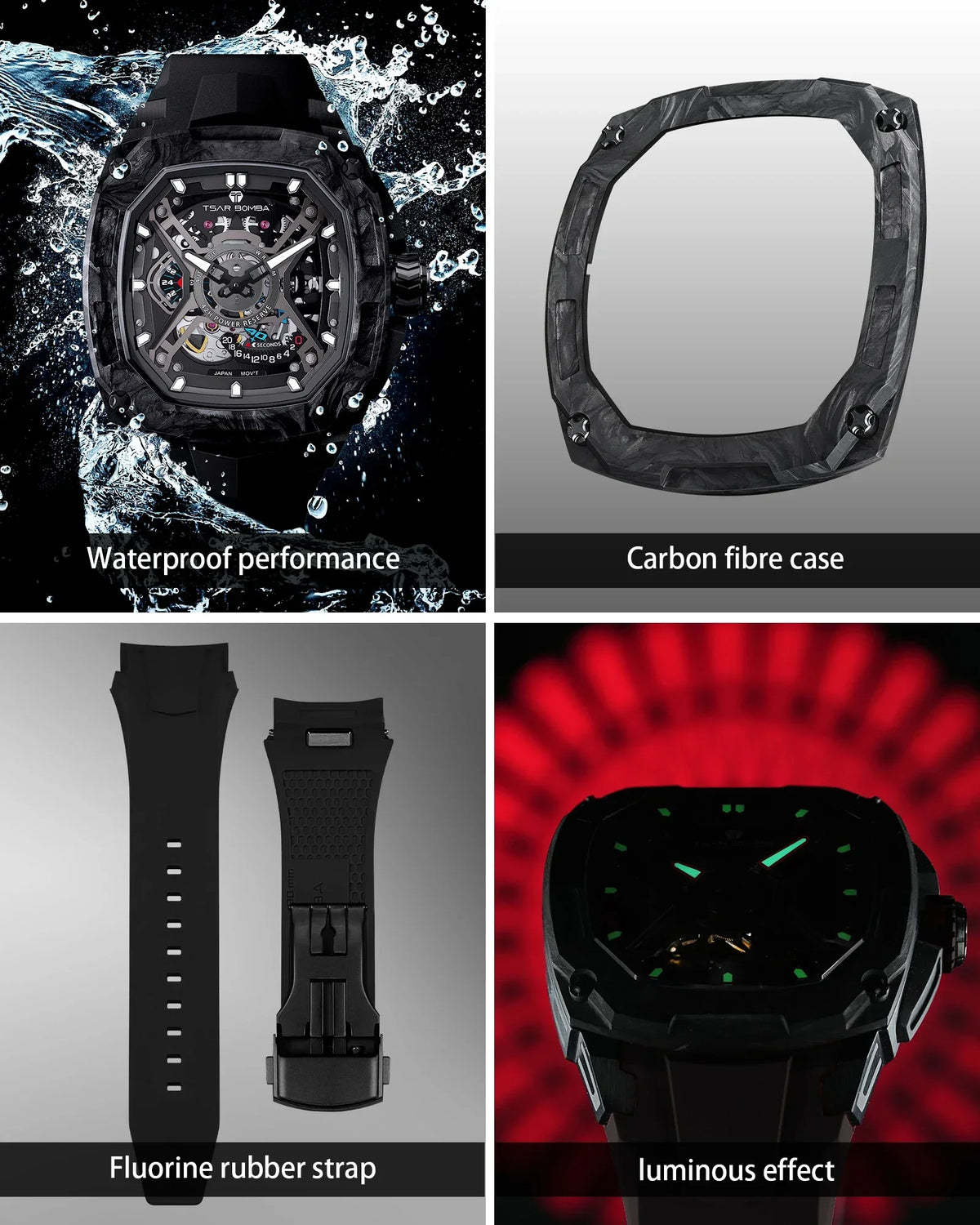 TSAR BOMBA Men's Luxury Mechanical Watch, Carbon Fiber Case, Luminous, 5ATM Waterproof, Viton Strap, Ideal Gift for Men