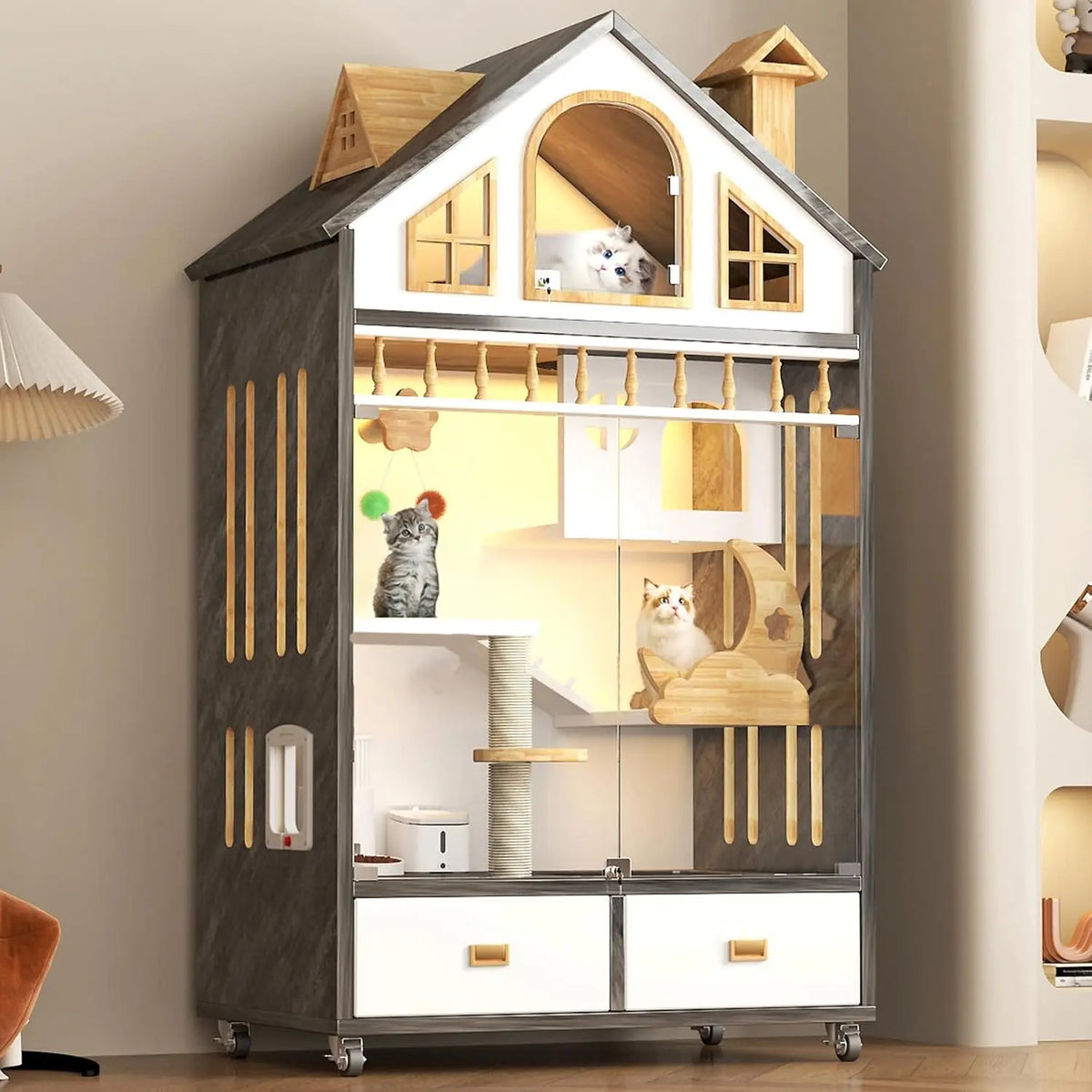 Large Wooden Cat House Cage Enclosure on Wheels with Scratching Post Litter Box Drawer Indoor 63x35x24, Customized