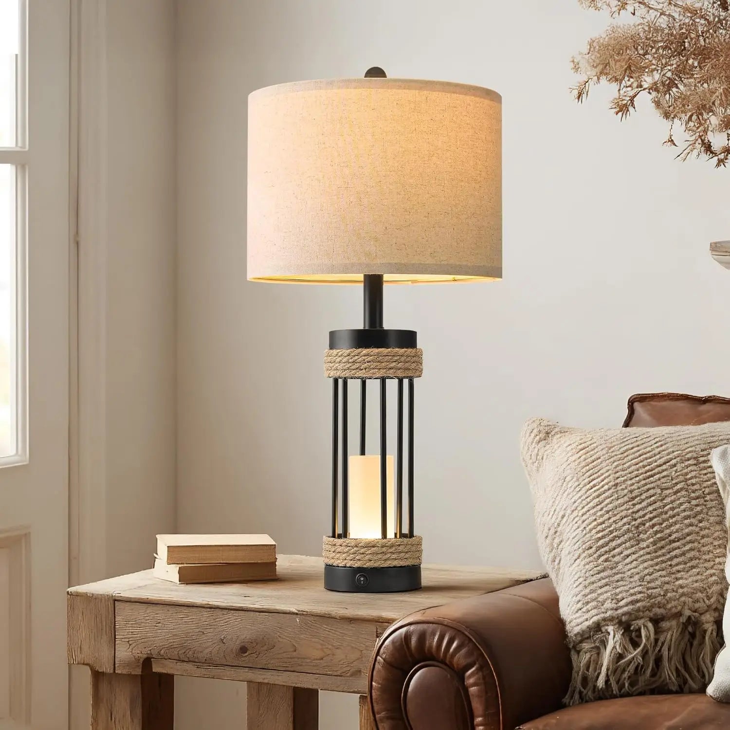 25" Farmhouse Table Lamps Set of 2 with Night Light, USB Charging Ports, Rustic Black Metal and Rope Design