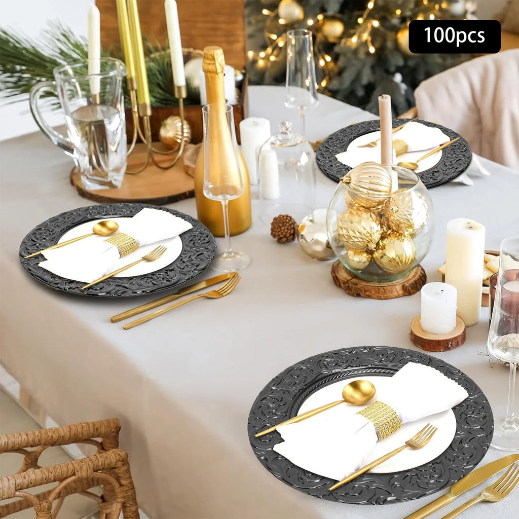 100 PCS Black Charger Plates Set Elegant Wedding Party Decor12.99 Inch Reusable Plastic Serving Trays for Table Setting Birthday