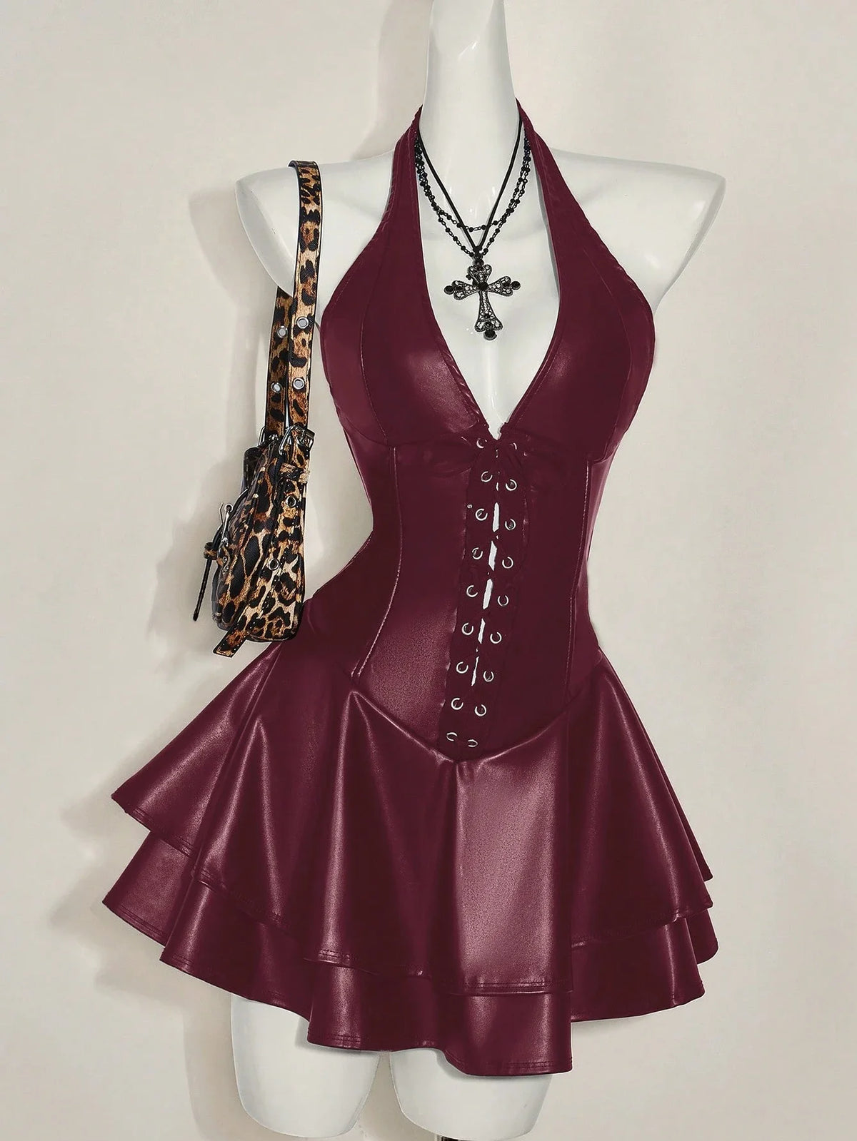 Y2K Fashion Gyaru Club Party Rave Outfit Halter Mini Dress PU Leather Cross Strap