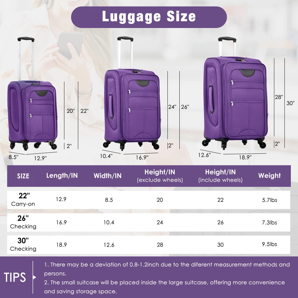 Lightweight Softside Expandable 3pcs Luggage Set 22/26/30 Inch with Duffel Bag Softshell Upright Travel Luggage Spinner Wheels