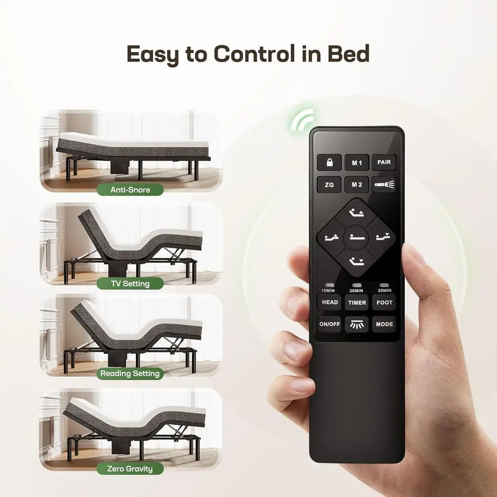 Adjustable Bed Base with Massage, USB Ports, Nightlight, Wireless Control, Quick Assembly, Multiple Height Settings