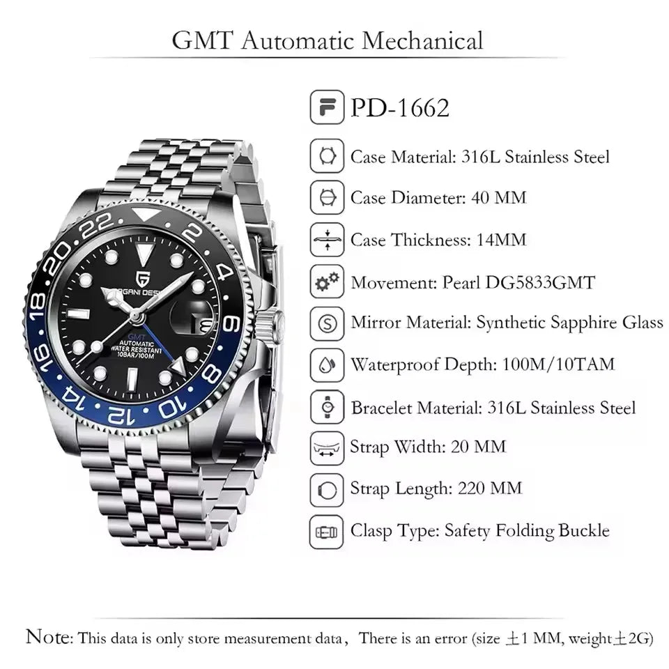 PAGANI DESIGN 40MM Automatic GMT Wristwatch Top Brand Sapphire Glass Stainless Steel Mechanical Sports Watches for Men PD-1662