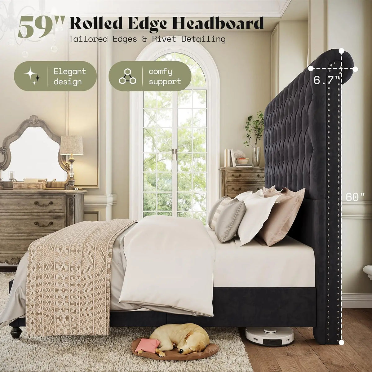 59" Tall Sleigh King Bed Frame Velvet Upholstered Deep-Tufted Solid Wood Legs No Box Spring, Customized
