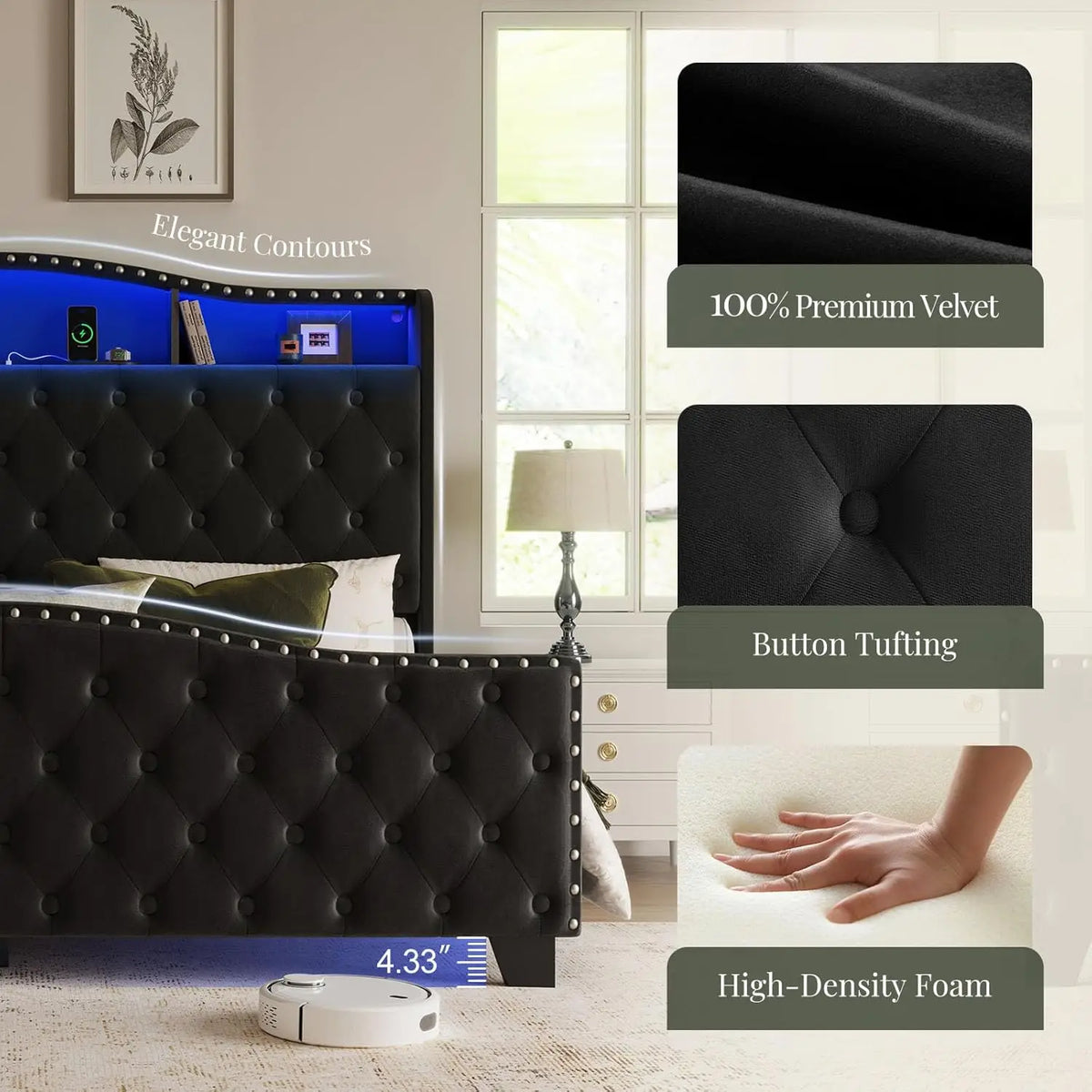 King Size Bed Frame and Headboard, 50.9" Velvet Upholstered Wingback Bedframe with LED Lights & Storage/Charging, Customized