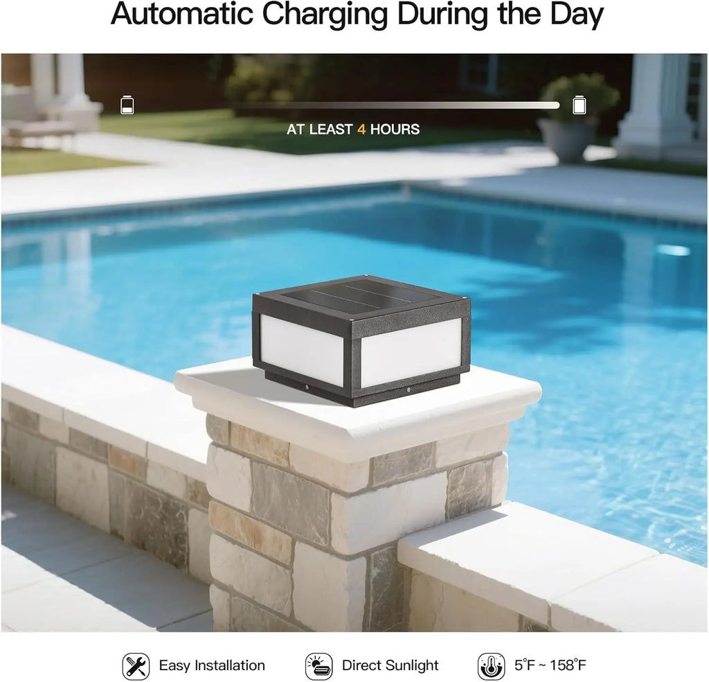 Solar Post Lights Outdoor, Waterproof LED Pillar Lights for Deck Patio Pool, Modern Square Lantern with 3000K Warm Glow