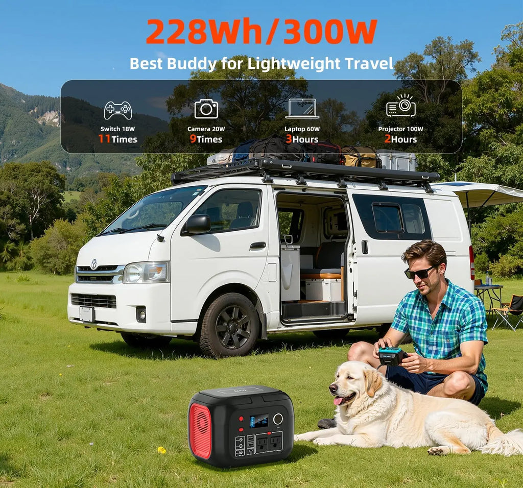 300W Portable Power Station, 228Wh Solar Generator with Pure Sine Wave AC Outlet for Outdoor Camping RV Emergency Home Use