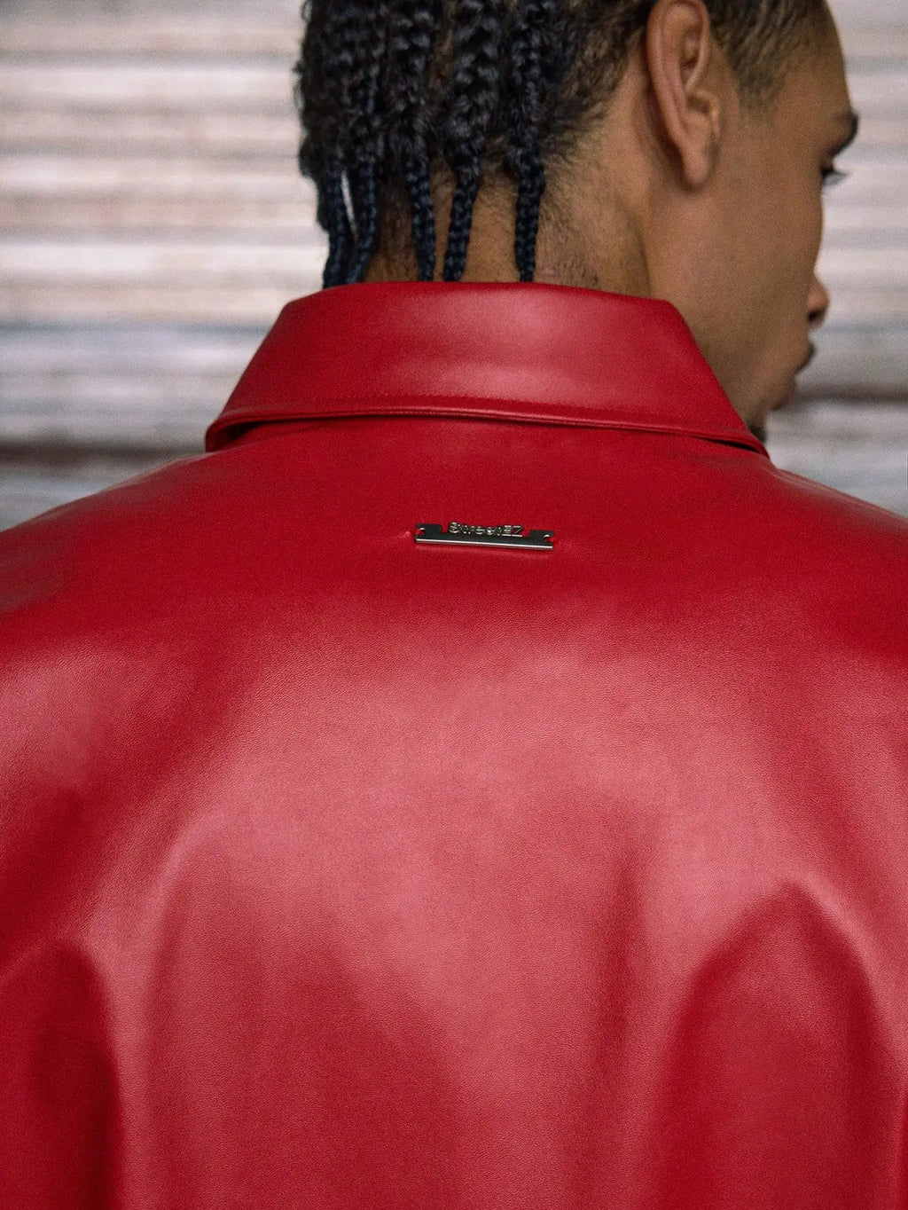 Men's Red PU Leather Short Sleeve Button-Up Shirt with Embossed Letter Design