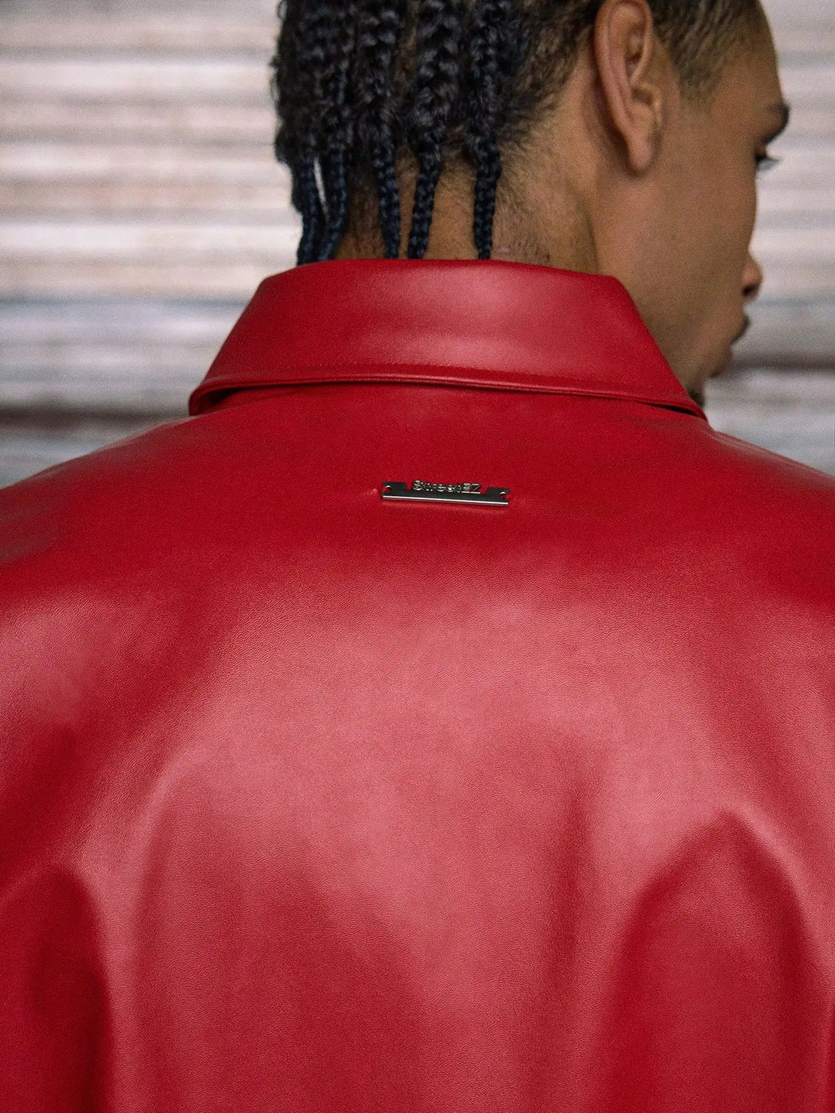 Men's Red PU Leather Short Sleeve Button-Up Shirt with Embossed Letter Design